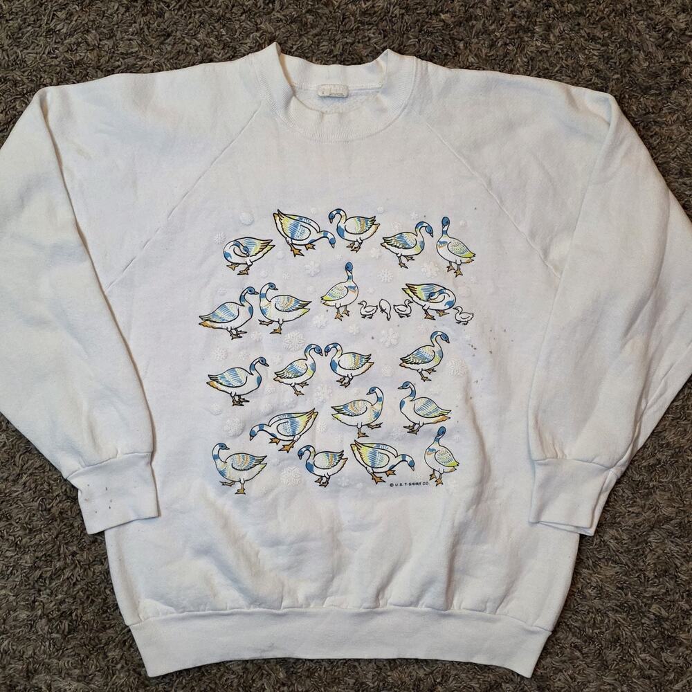VTG AOP Ducks Nature Pond Sweatshirt Screen Stars US Shirt Co Large White